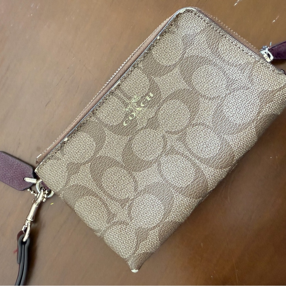 Coach Signature Canvas Beige Brown Wristlet with Gold Logo